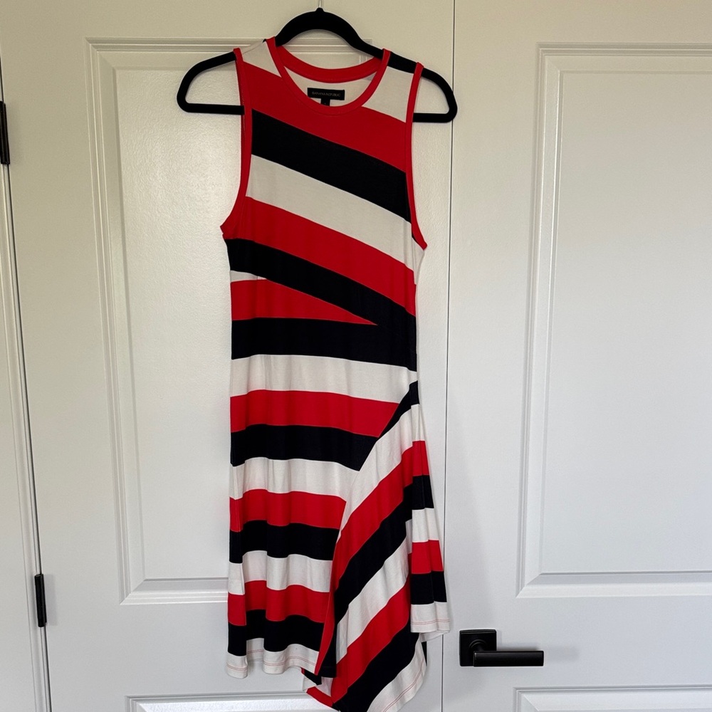Banana Republic Striped Asymmetrical Dress in Red, Navy, and White